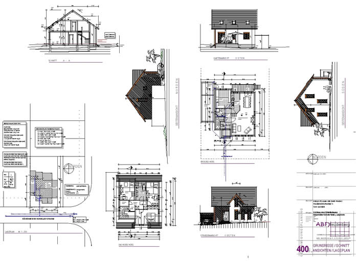 Bauantragszeichnung für ein Einfamilienhaus | Schnitt / Grundrisse EG und DG / Ansichten / Lageplan
