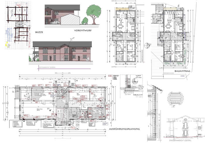 Wohngebäude eines Bauernhofes | Skizze / Bauantragszeichnung / Ausführungszeichnung mit aufwändiger Deteilplanung